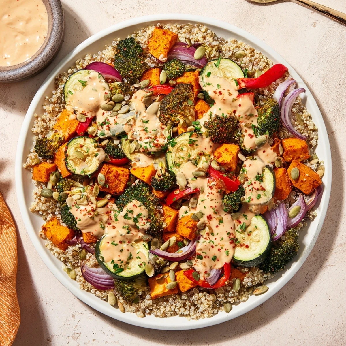 A colorful quinoa bowl, overflowing with roasted seasonal veggies, drizzled with a creamy sauce.