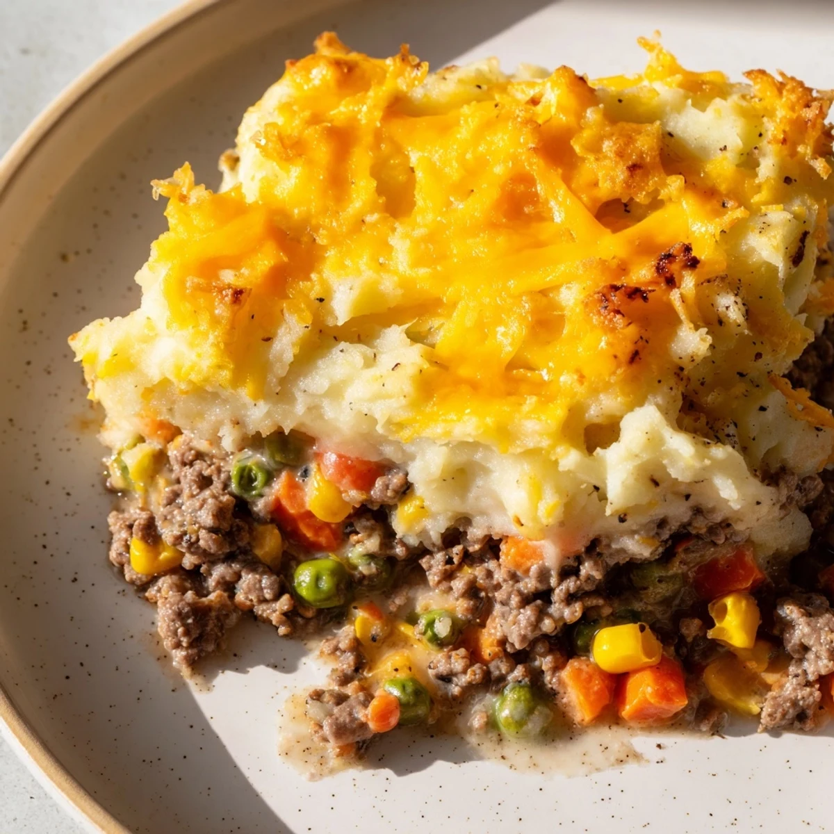 Golden-brown Budget Shepherds Pie with a bubbly, savory ground beef filling under cheesy mashed potatoes.