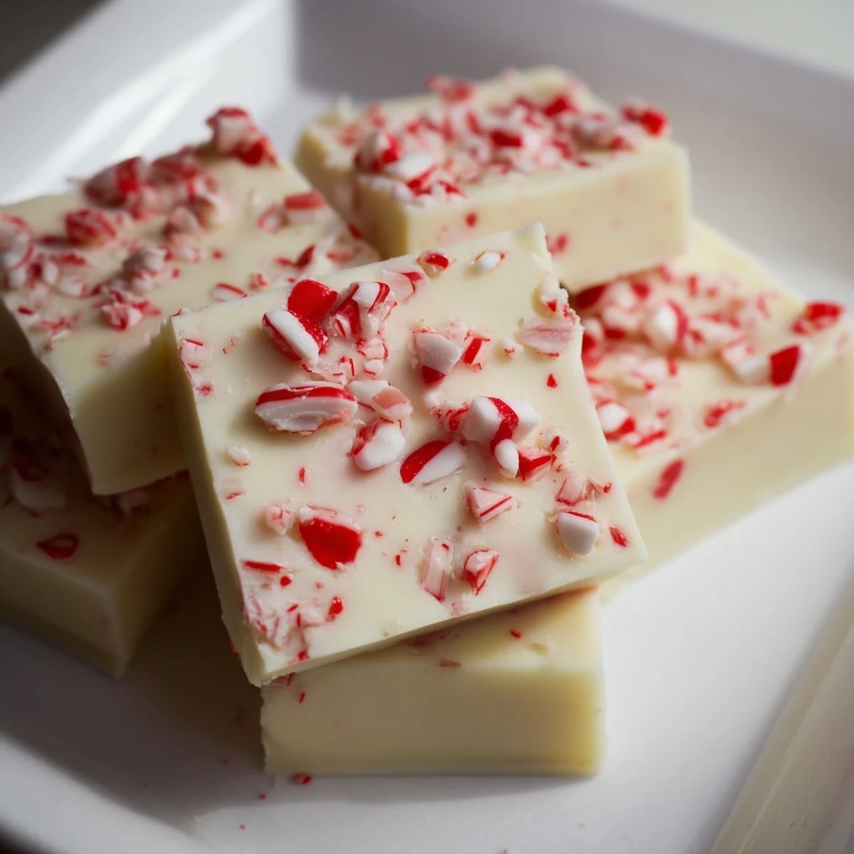 A close-up of creamy, swirled White Chocolate Peppermint Bark Fudge, sprinkled with crushed candy canes.
