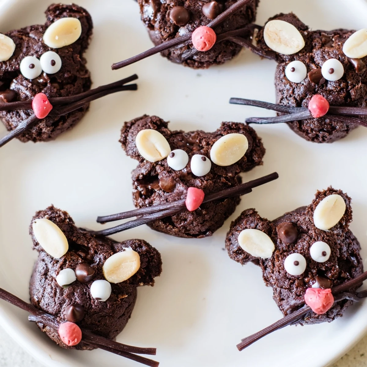 These adorable Silly Rat Cake Brownie Bites present dark chocolate cuteness with pink noses and almond ears.