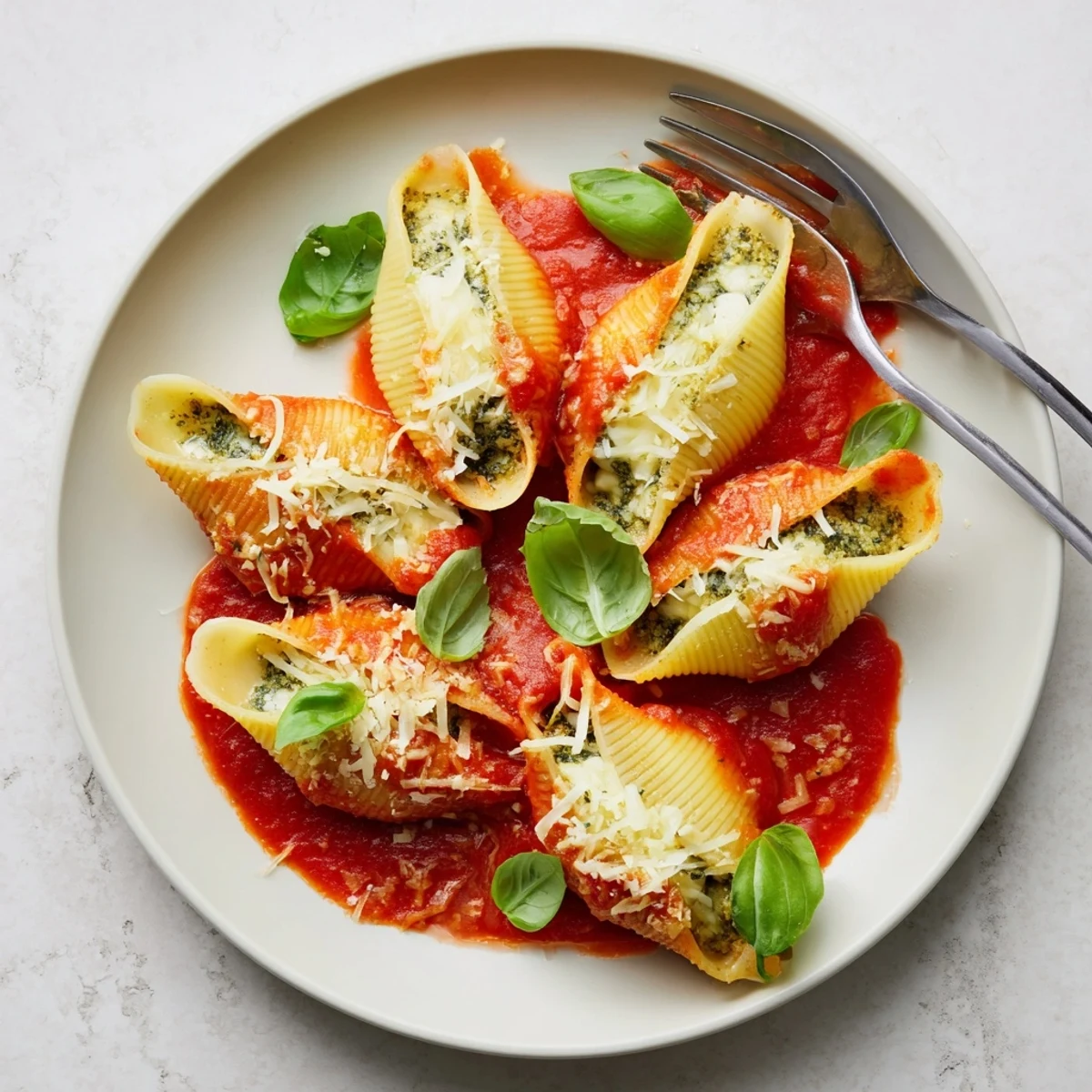 Pesto and Ricotta Stuffed Shells, bubbling with cheese and marinara, offer a warm, comforting Italian-American meal.