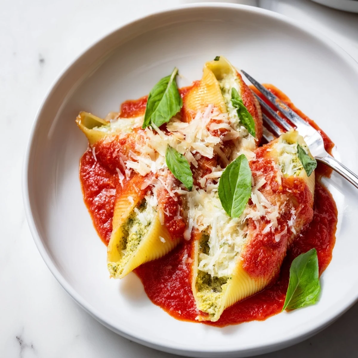 Creamy ricotta and pesto filling enrobed in baked pasta shells, a delicious vegetarian Pesto Stuffed Shells option.