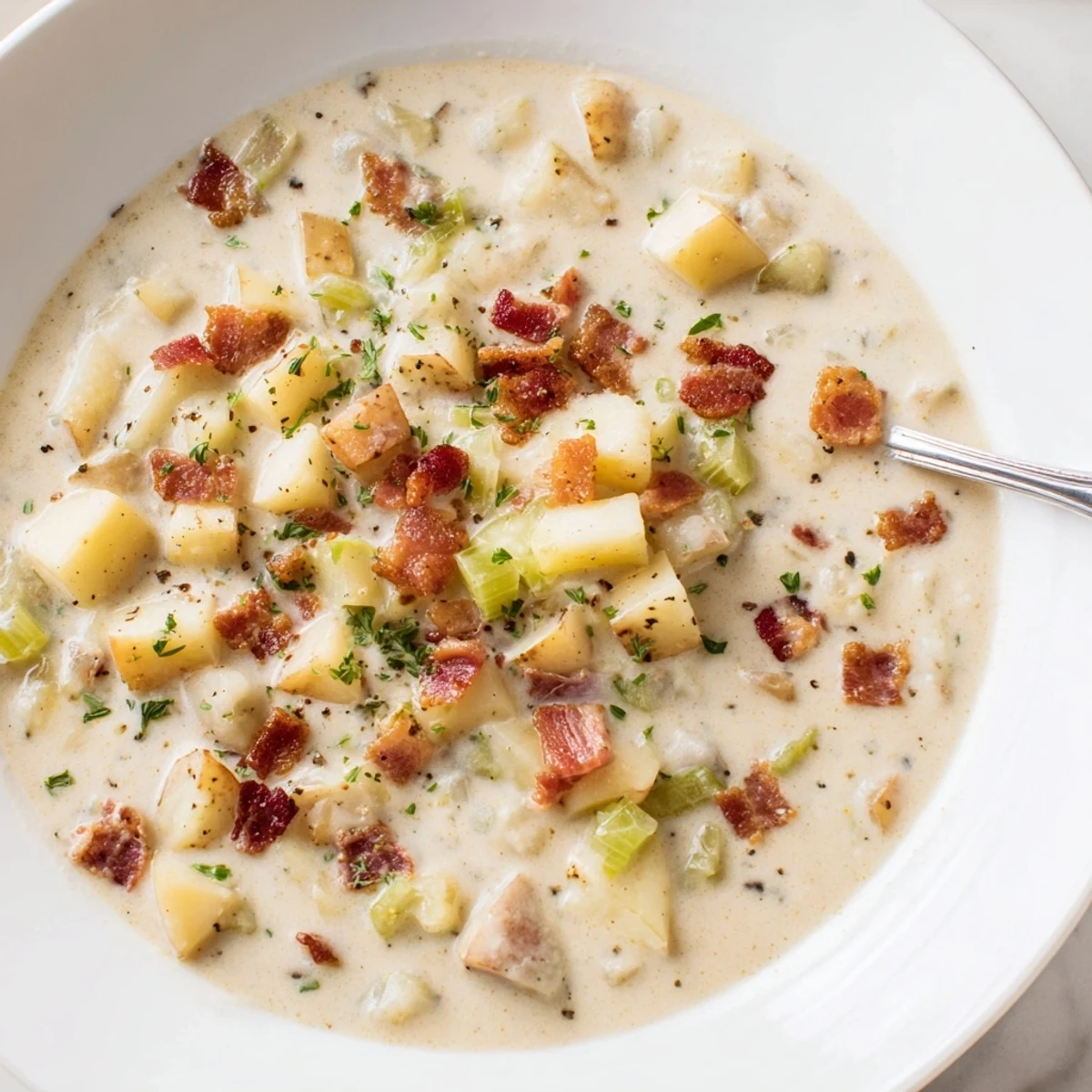 A steaming bowl of comforting New England Clam Chowder, filled with tender potatoes and chunky clams.