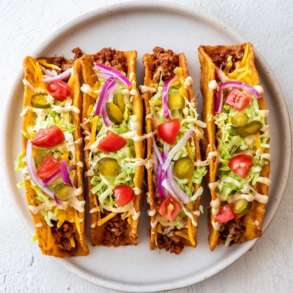 Golden-brown cheeseburger tacos overflowing with seasoned beef, melted cheese, and fresh toppings.