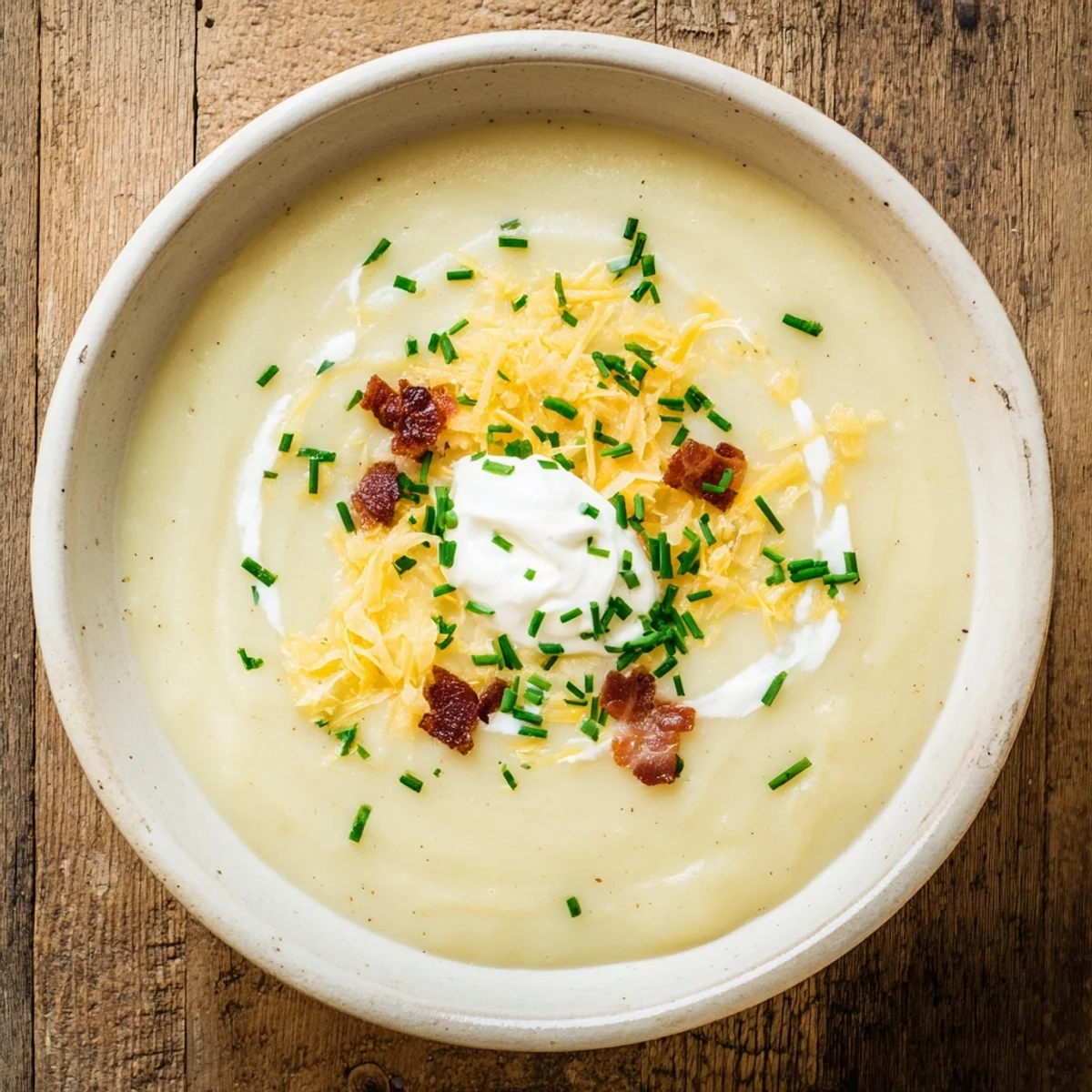 This homemade Baked Potato Soup features a close-up scoop, showing creamy texture and visible herbs.