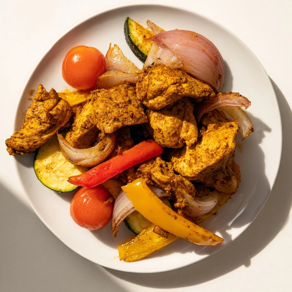 Golden sheet pan chicken shawarma with roasted vegetables, ready to be wrapped in warm pita.