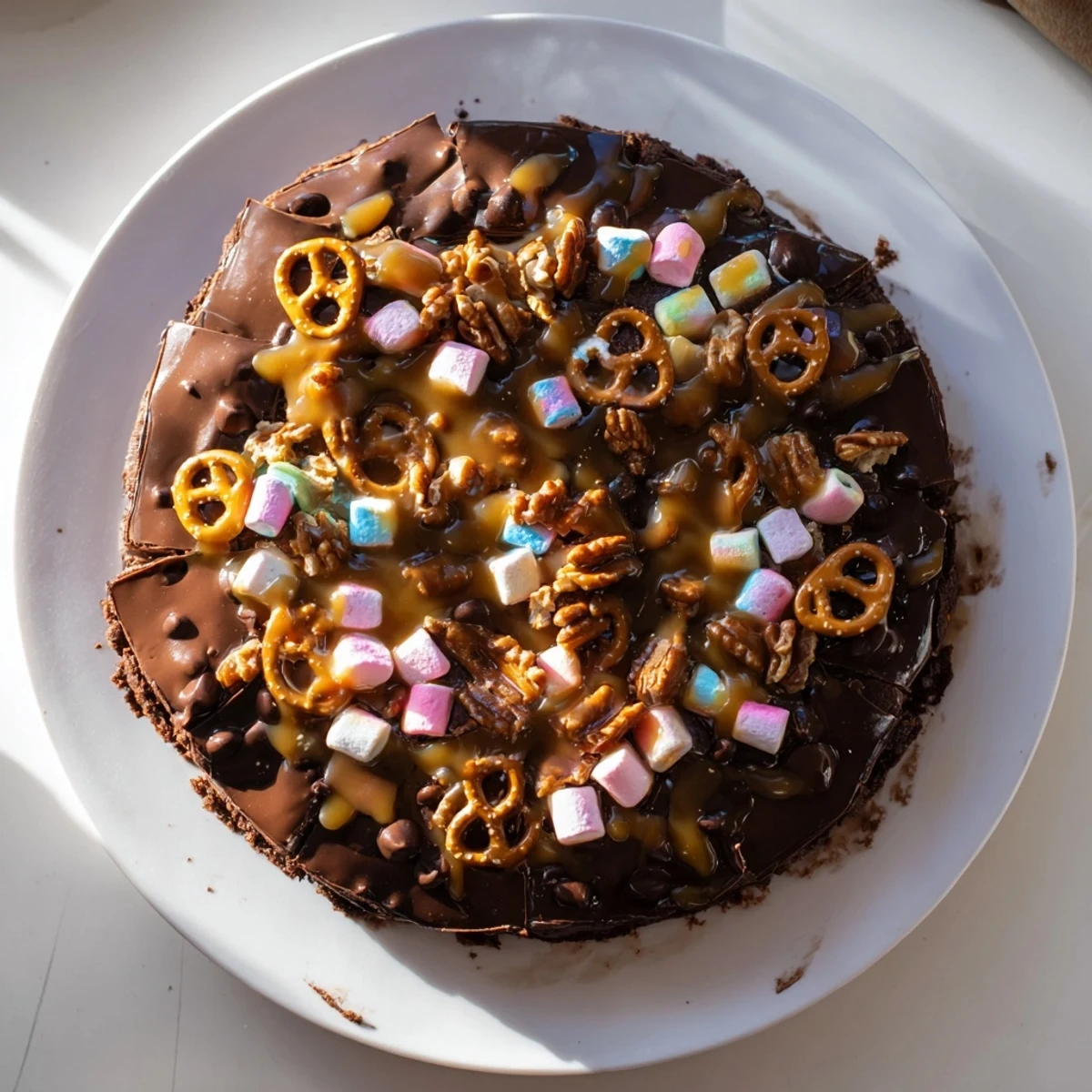 Fudgy, colorful Chaos Chocolate Cake Bites topped with sprinkles, pretzels and mini marshmallows.