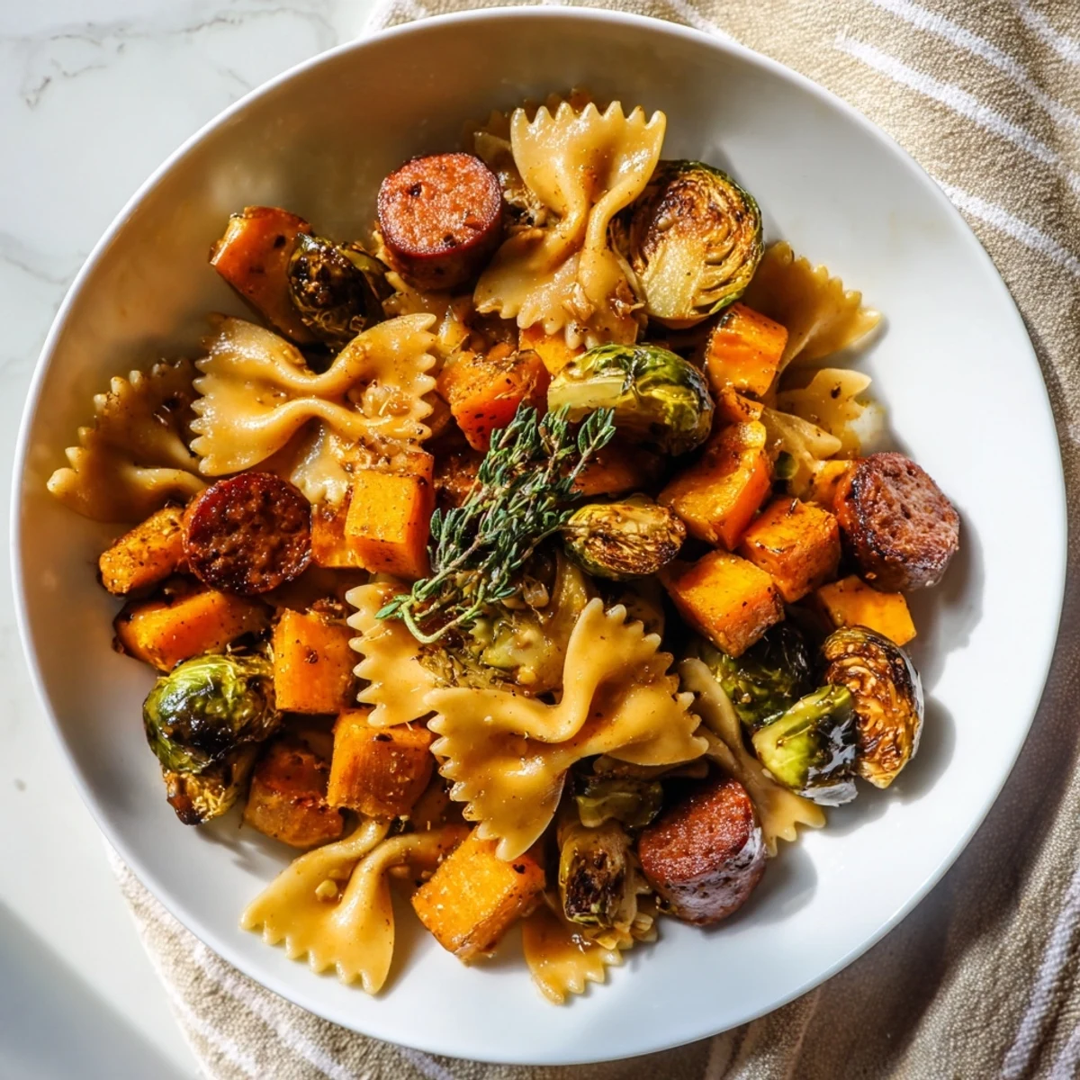Close up view of the aromatic Autumn Sausage Pasta Squash, with tender pasta and roasted veggies.