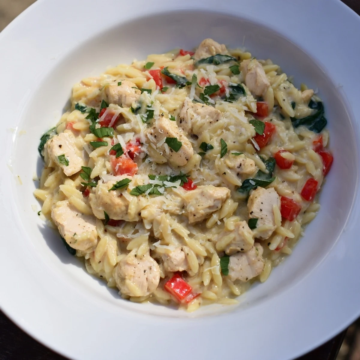 This comforting One-Pot Cajun Chicken Alfredo Orzo features perfectly cooked chicken and a savory Alfredo sauce.