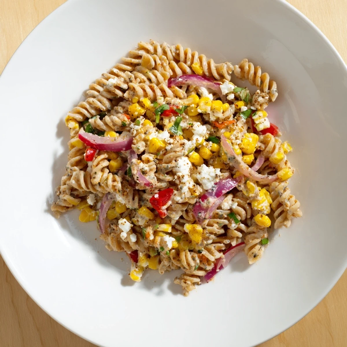 Vibrant Healthier Mexican Street Corn Pasta Salad with charred corn, ready for your next gathering.