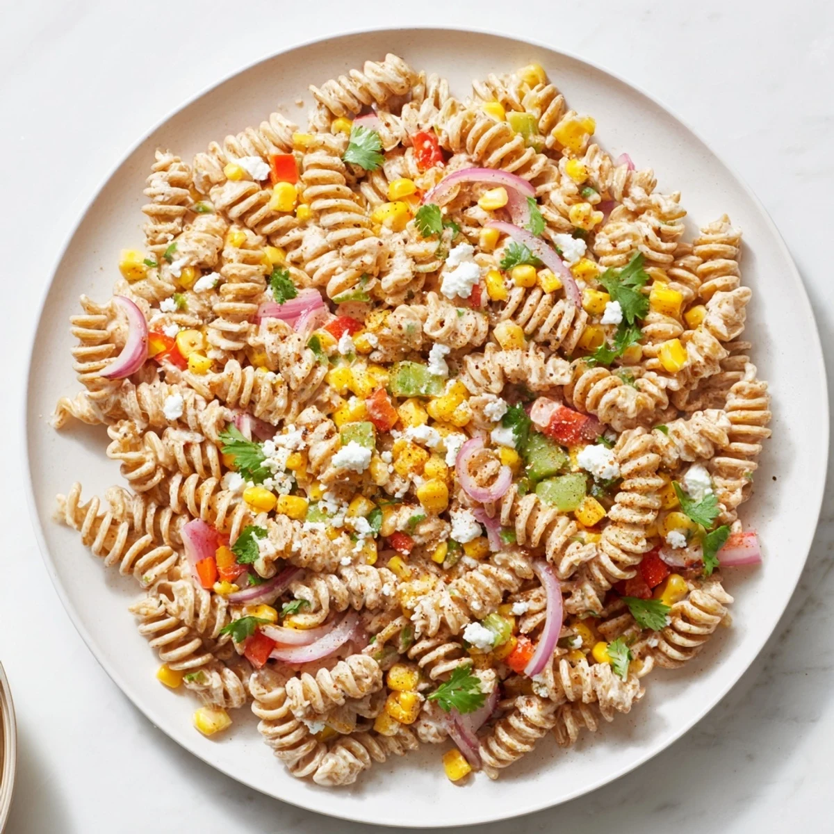 Delectable and easy Healthier Mexican Street Corn Pasta Salad; a colorful, zesty vegetarian delight.