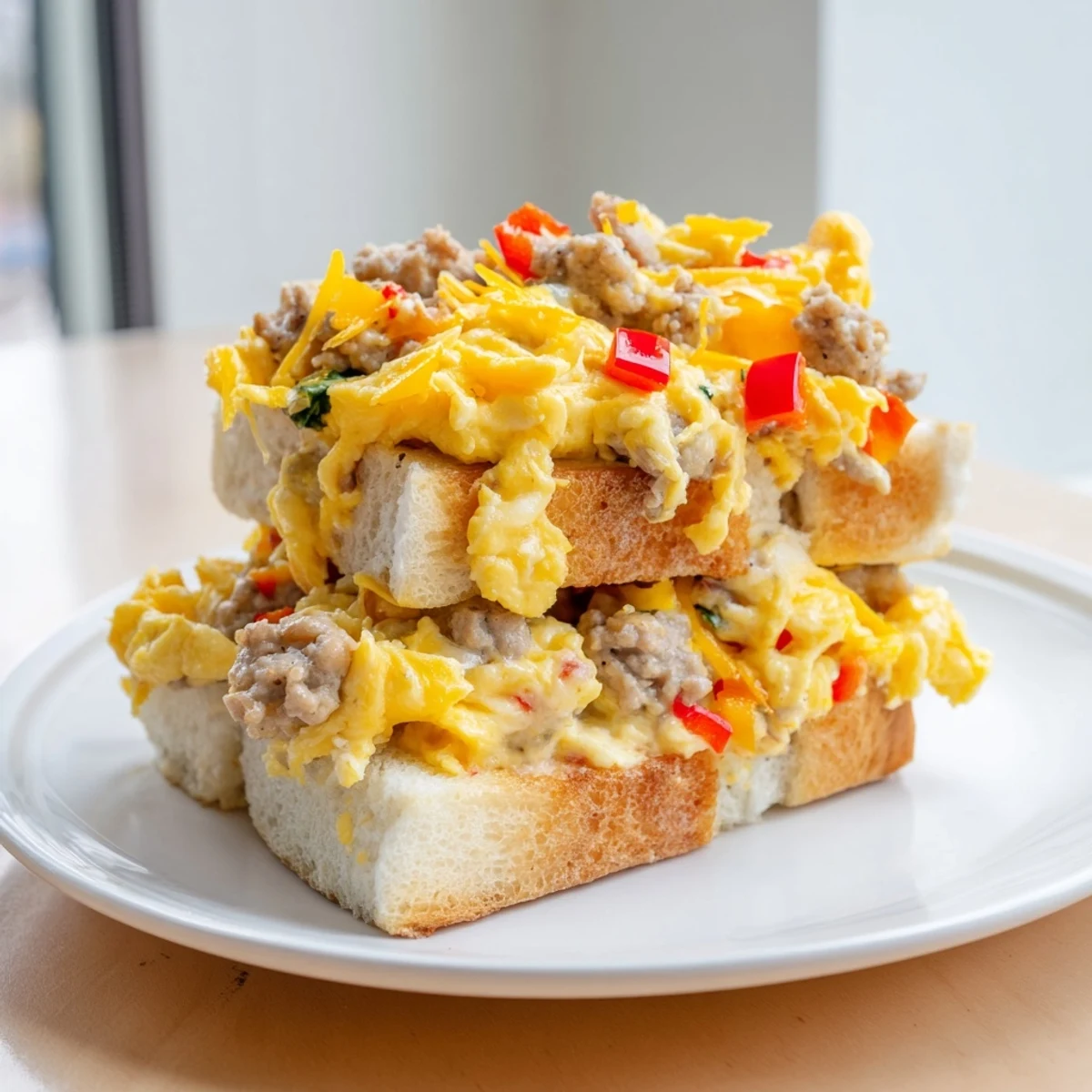 A close-up of a hearty Lightning-Fast Breakfast Sausage Casserole, studded with colorful peppers.