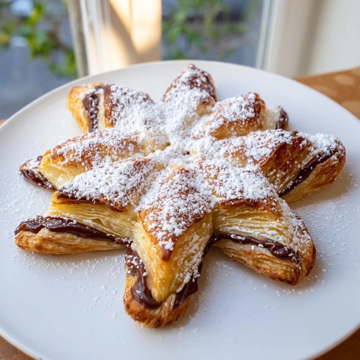Golden, flaky Express Nutella Puff Pastry Snowflakes, dusted with powdered sugar, ready for a delicious bite.