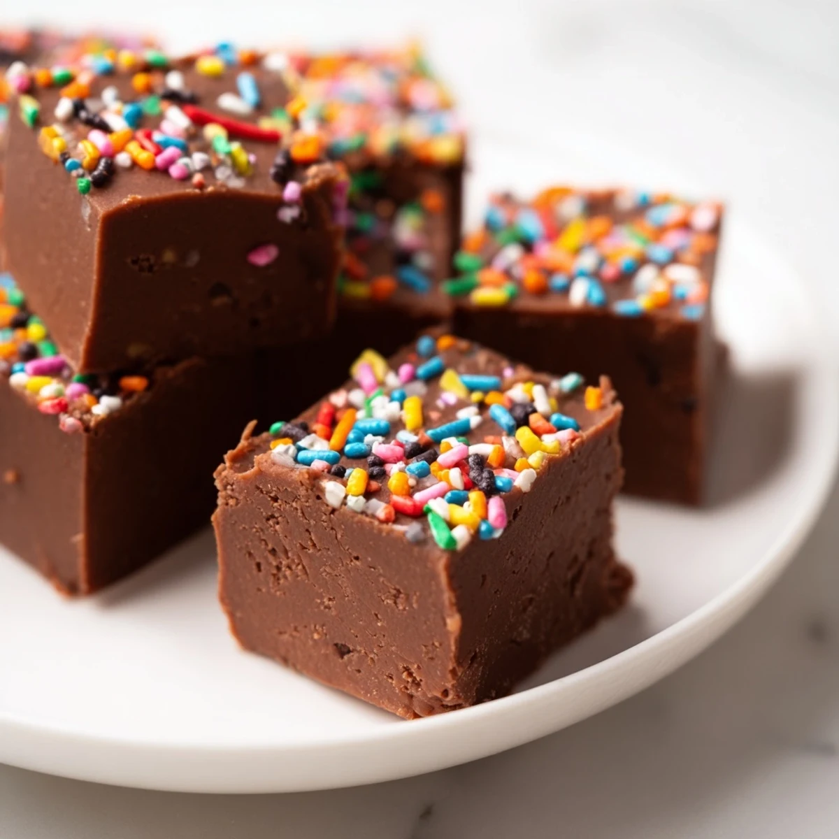 Close-up of glistening 3-Ingredient Christmas Fudge Squares sprinkled with colorful festive toppings.