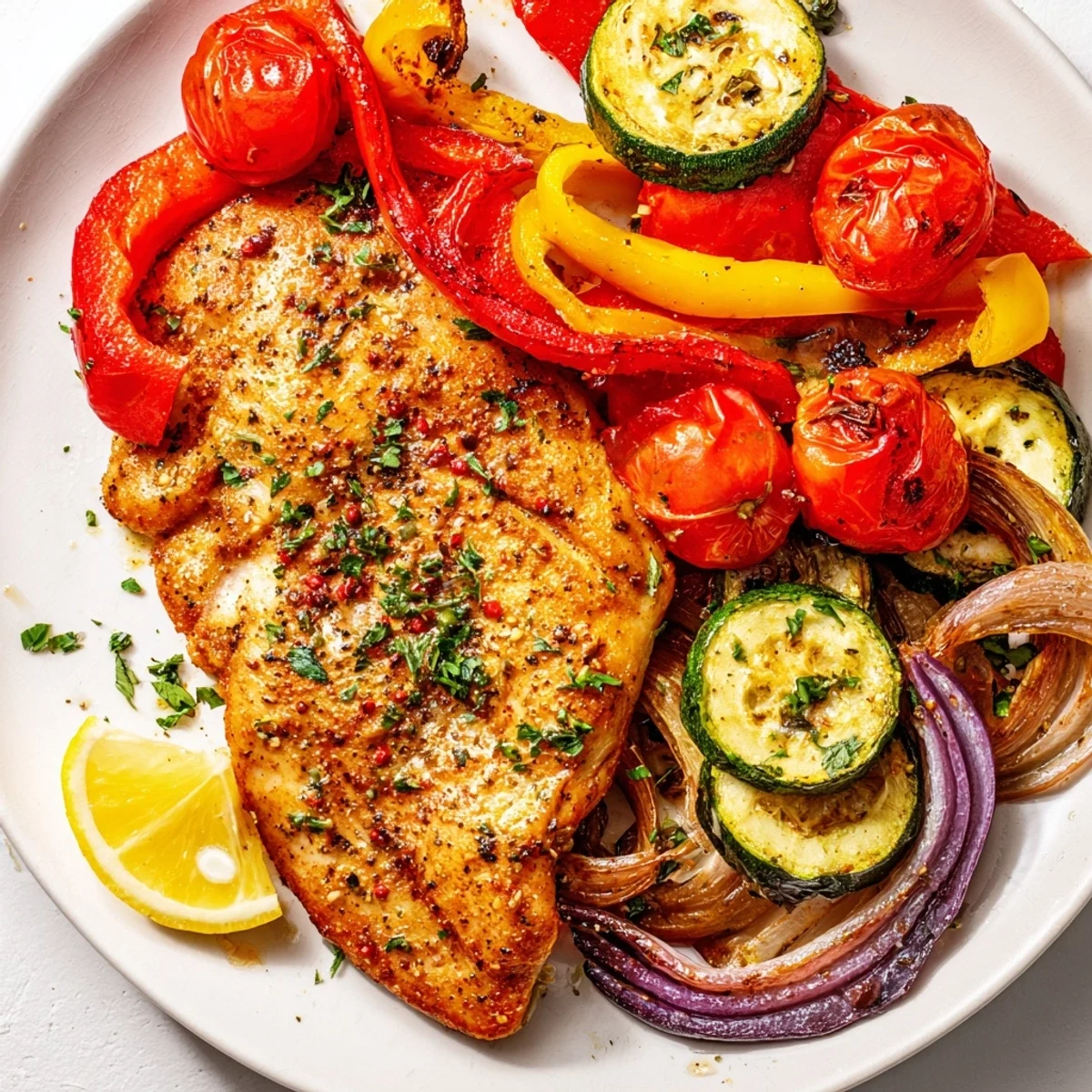 Close-up of juicy, cooked Lemon Oregano Chicken Cutlets next to vibrant, roasted Mediterranean vegetables.