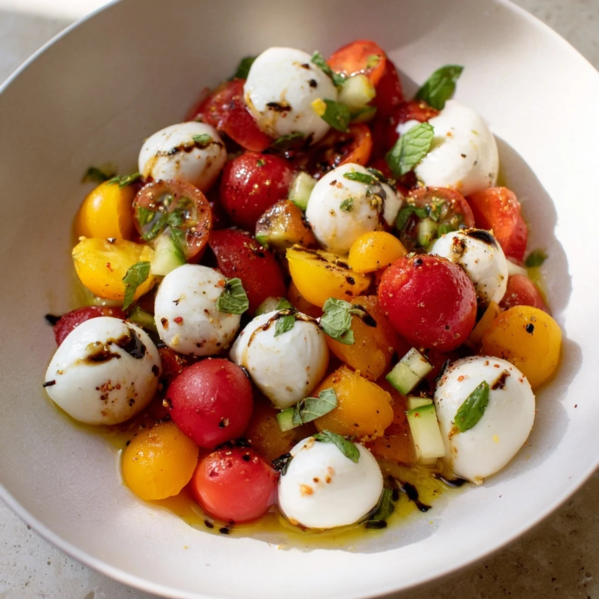 Fresh Simple Holiday Chopped Caprese Salad; a colorful salad with balsamic glaze drizzle, ready to serve and enjoy.