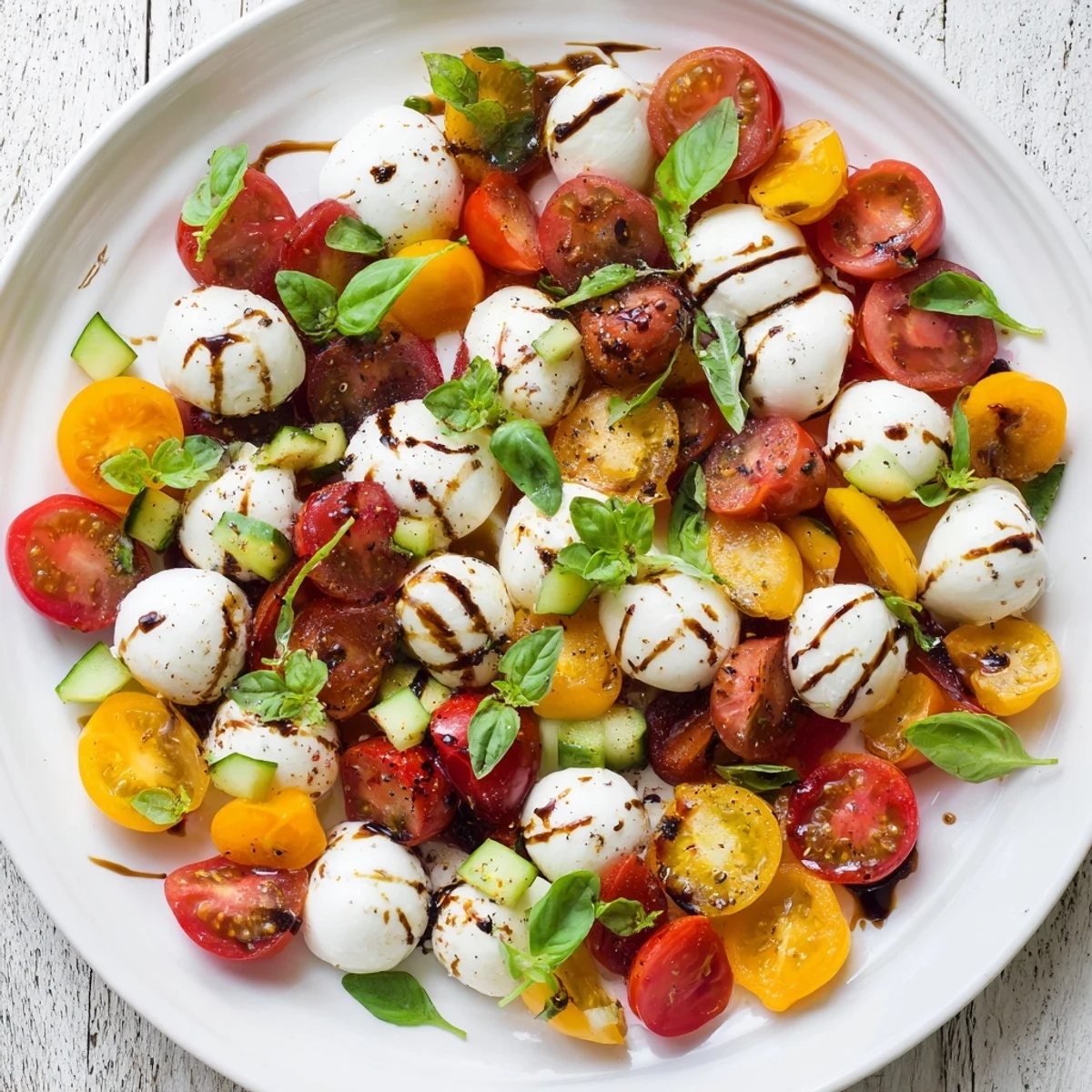 Vibrant Simple Holiday Chopped Caprese Salad with juicy tomatoes, creamy mozzarella, and fragrant basil.