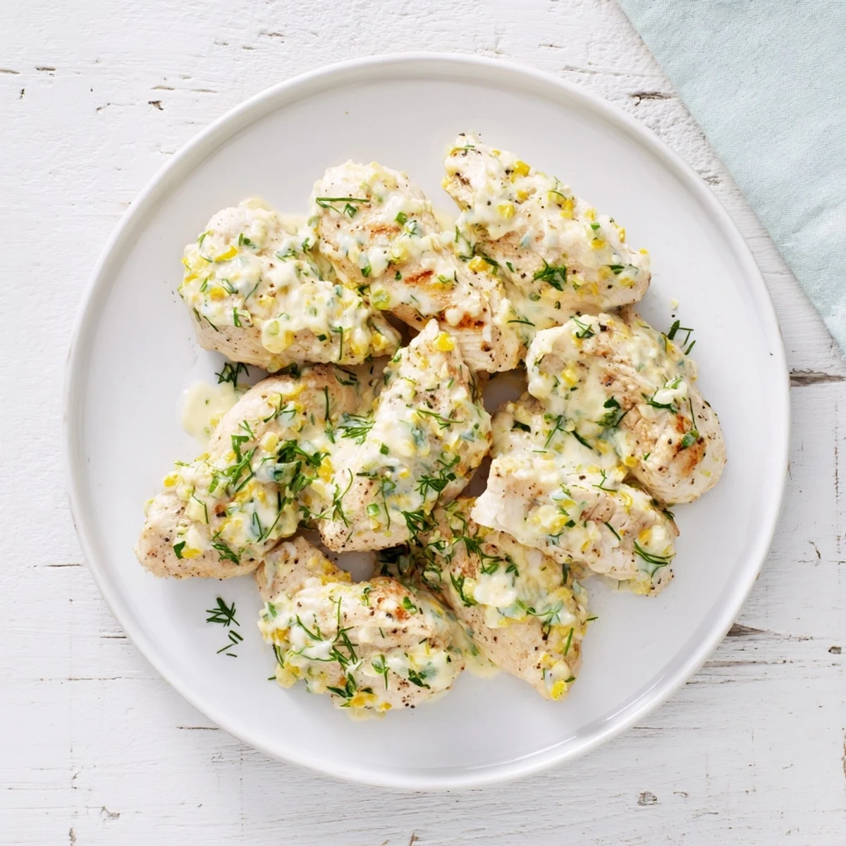 A close-up of plated Lighter Creamy Tarragon Chicken, garnished with fresh tarragon and parsley.