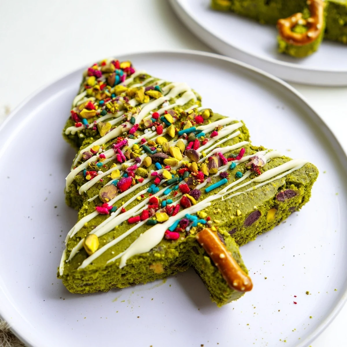 Homemade Matcha Pistachio Christmas Tree Blondie Bars, offering a delicious combination of matcha and pistachio flavors in every bite.