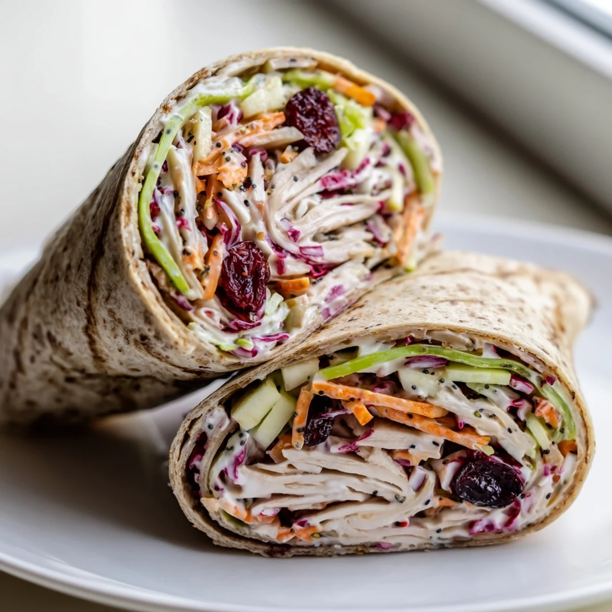 Close-up of a perfectly rolled Cranberry Apple Slaw Turkey Wrap, ready to eat with crisp fillings.
