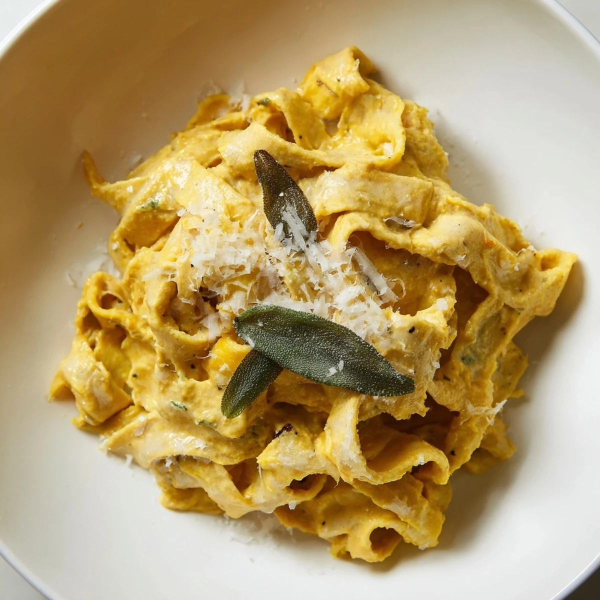Healthy Creamy Pumpkin Sage Holiday Pasta, plated beautifully, with vibrant sauce and fresh sage garnish.