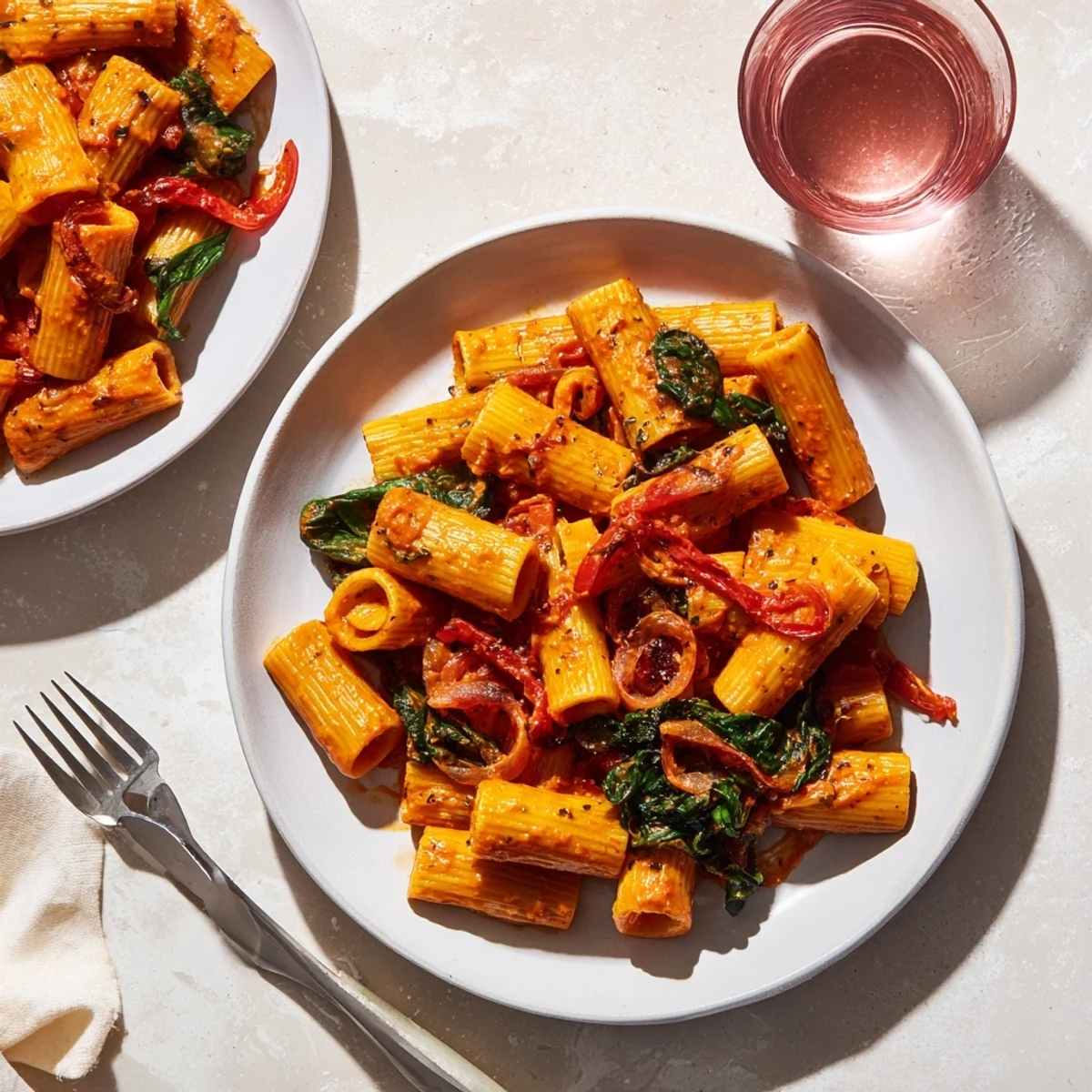 Creamy Lightened-Up Vodka Rosé Christmas Pasta, topped with fresh basil and inviting aromas from the skillet.