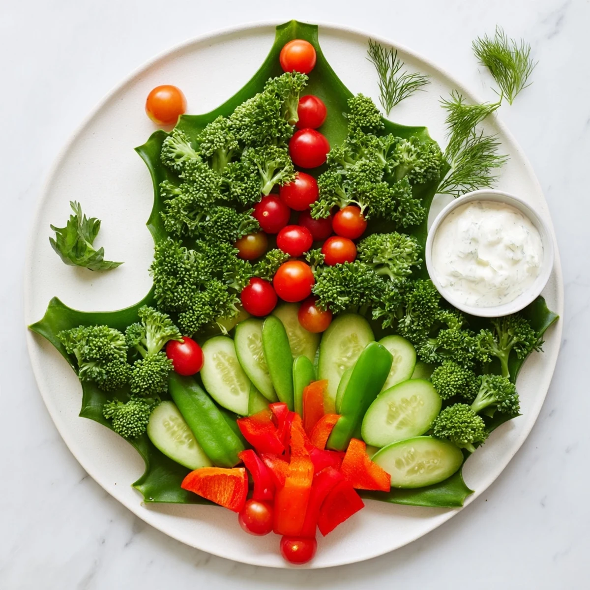 A vibrant Holly Leaf Veggie Board with fresh, colorful vegetables artfully arranged for the festive season.