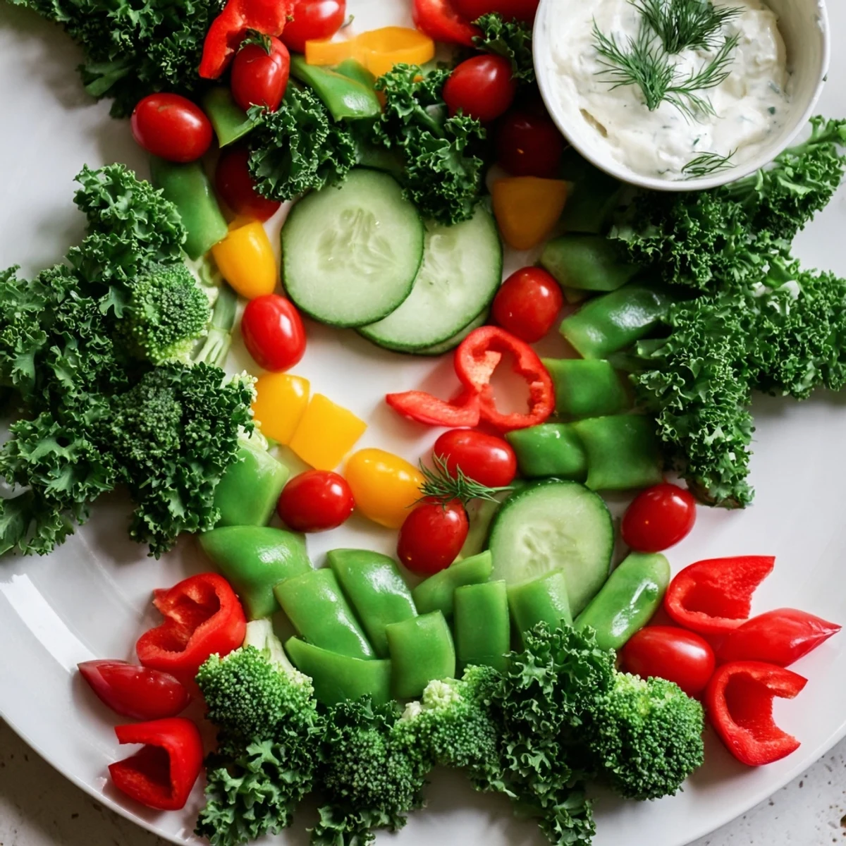 This delightful Holly Leaf Veggie Board features a beautiful, healthy assortment of crunchy veggies and creamy dip.