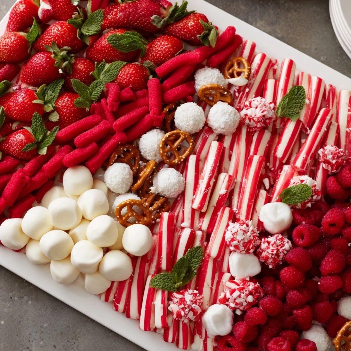 Festive candy cane striped platter holds a beautiful array of red and white treats.