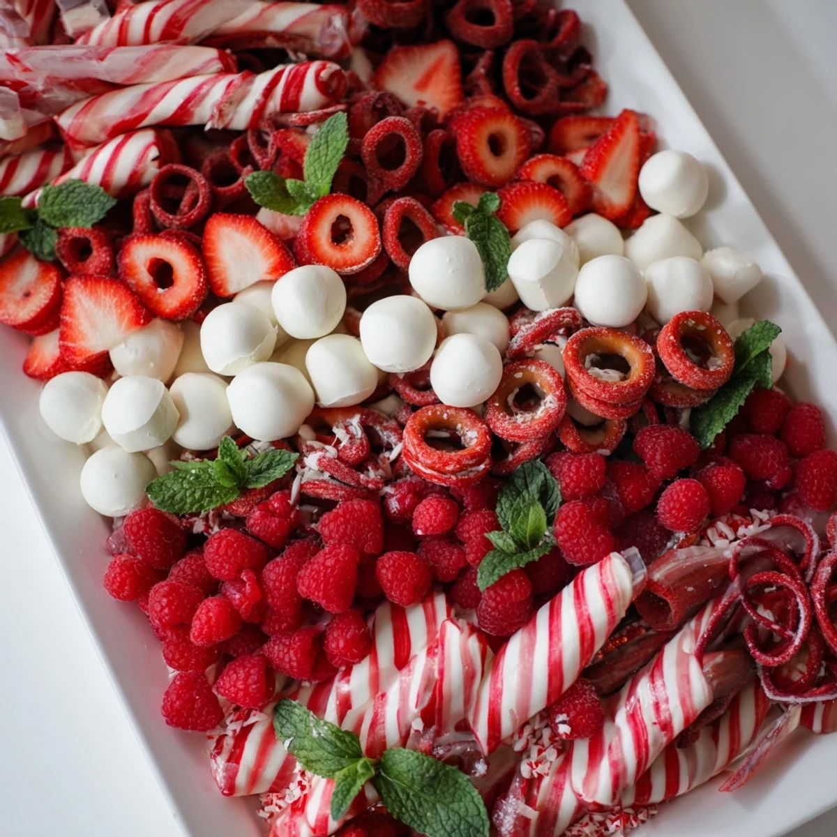 Vibrant candy cane striped platter shows an inviting selection, ready for your holiday party.