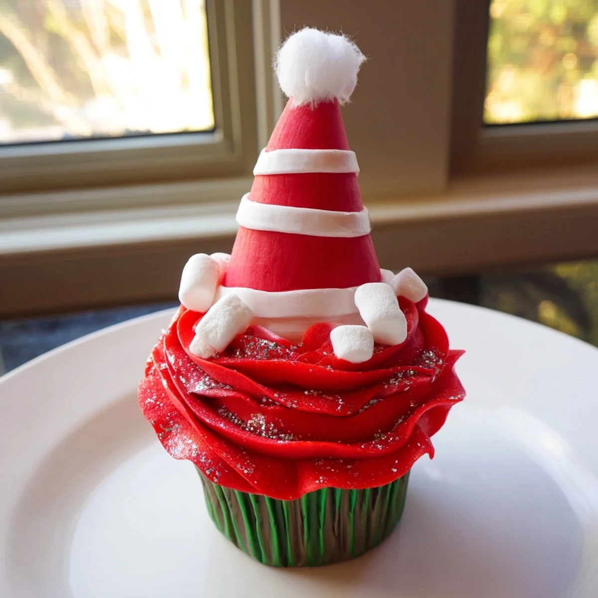 Festive Elf Hat Cupcake Tower: Colorful cupcakes frosted and topped with whimsical elf hat decorations ready to serve.