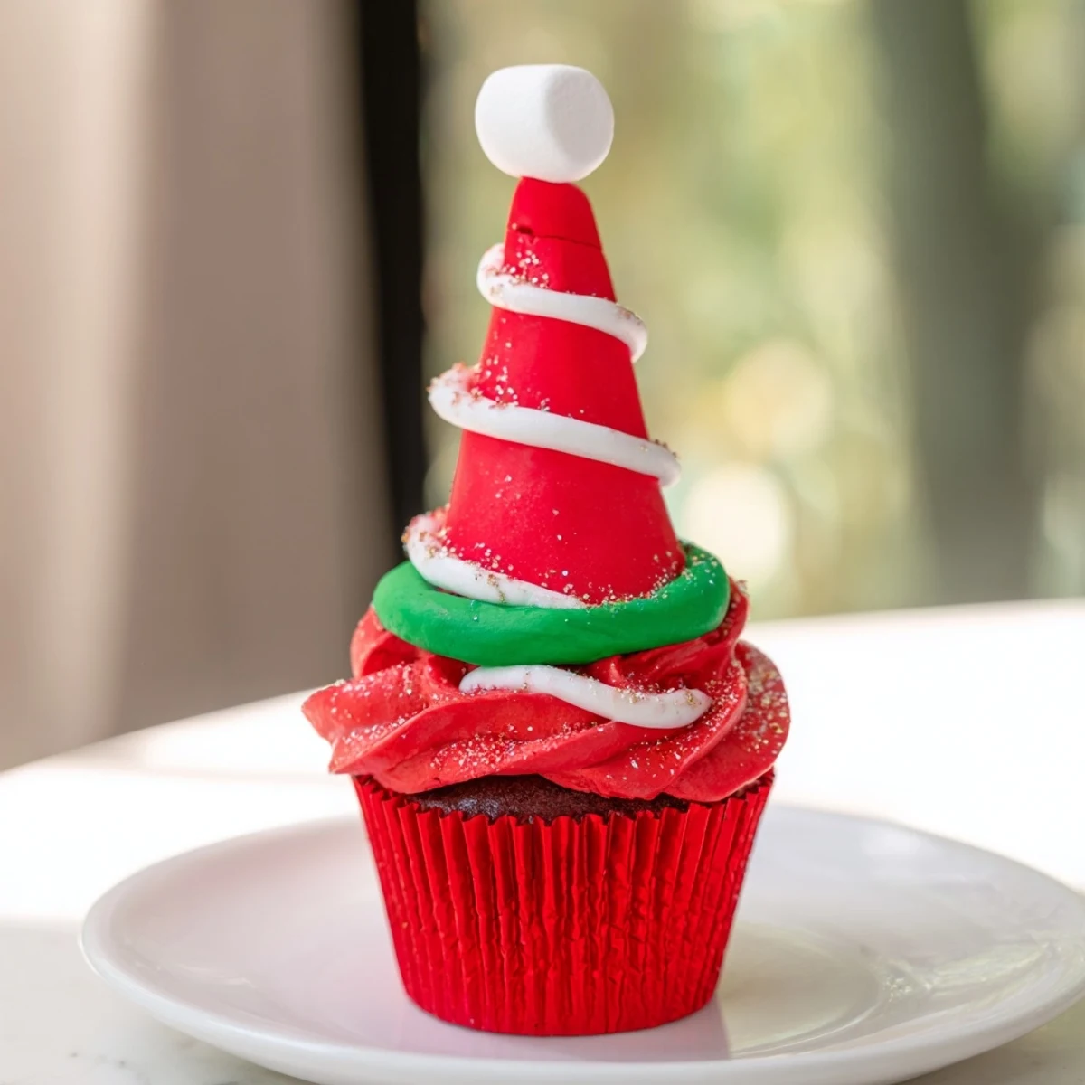 Delicious Elf Hat Cupcakes: A closeup view of the vibrant elf hat-covered cupcakes on display for a party.