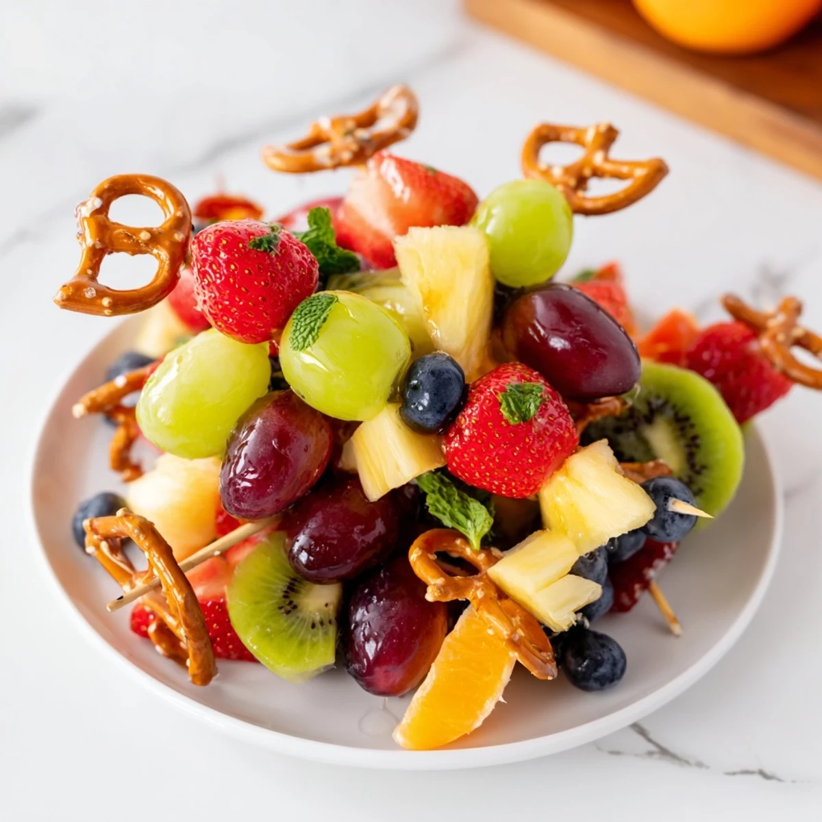Festive Ornament Fruit Medley arranged with red grapes, kiwi, and strawberries, ready to enjoy.