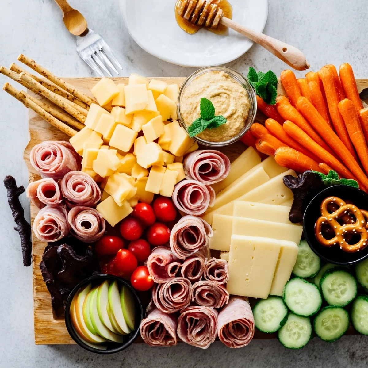 This colorful Gallop & Graze Horse Charcuterie board features a playful arrangement of snacks for gatherings.