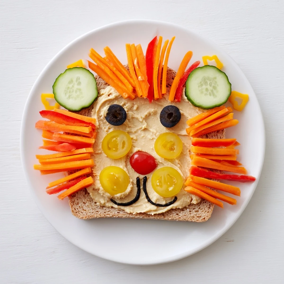 A colorful King of the Jungle Lion Lunch Board, featuring hummus, veggies, and a smiling apple mouth.
