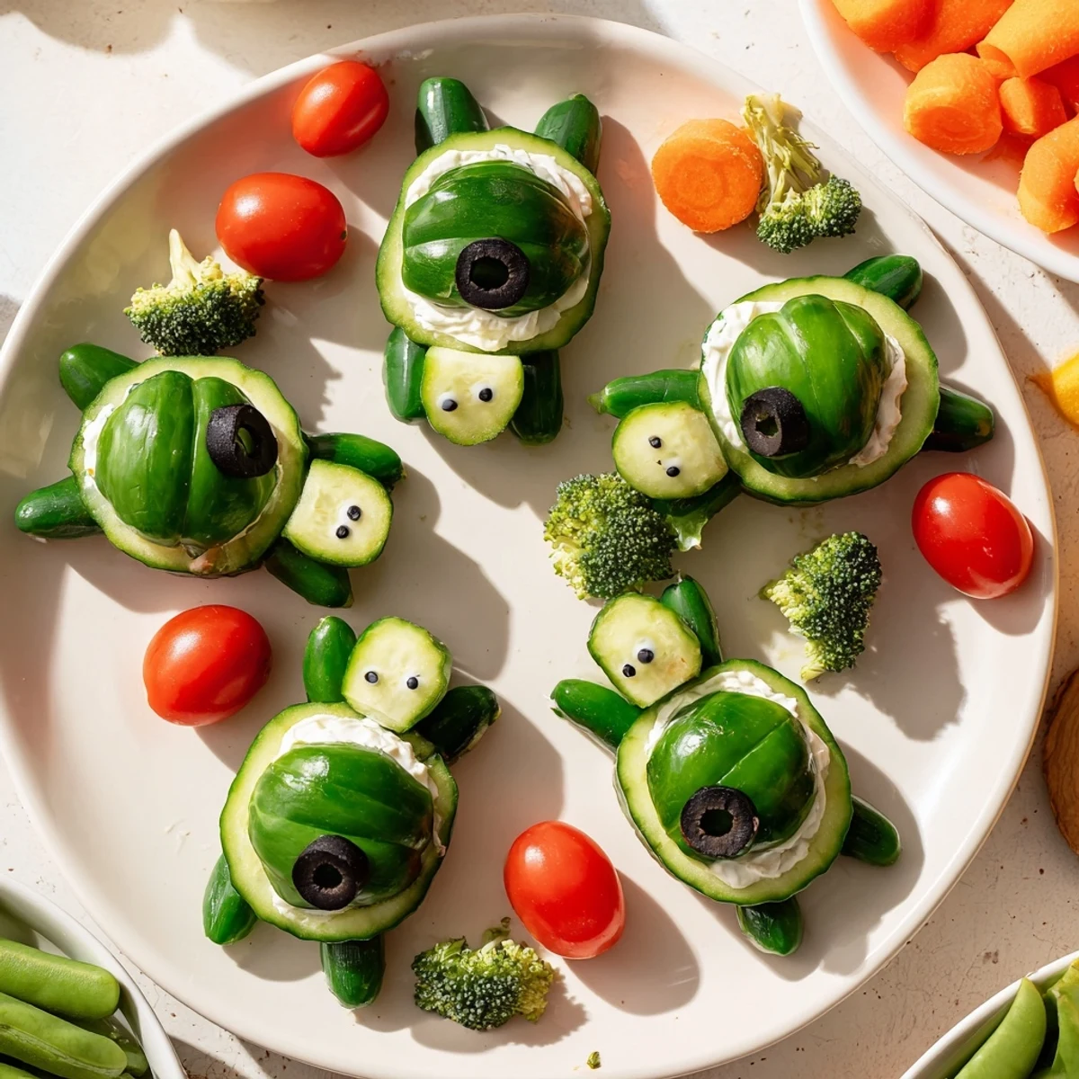 Bright green cucumber turtle shells forming the base for homemade Slow & Savory Turtle Crudités appetizers.