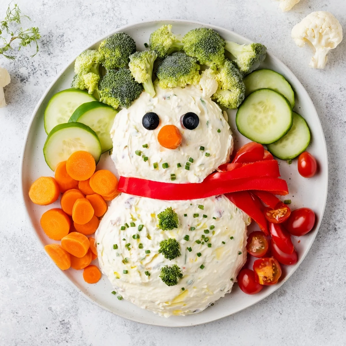 Vibrant Snowman Veggie Dip Platter: a festive spread of creamy dip with fresh vegetables.