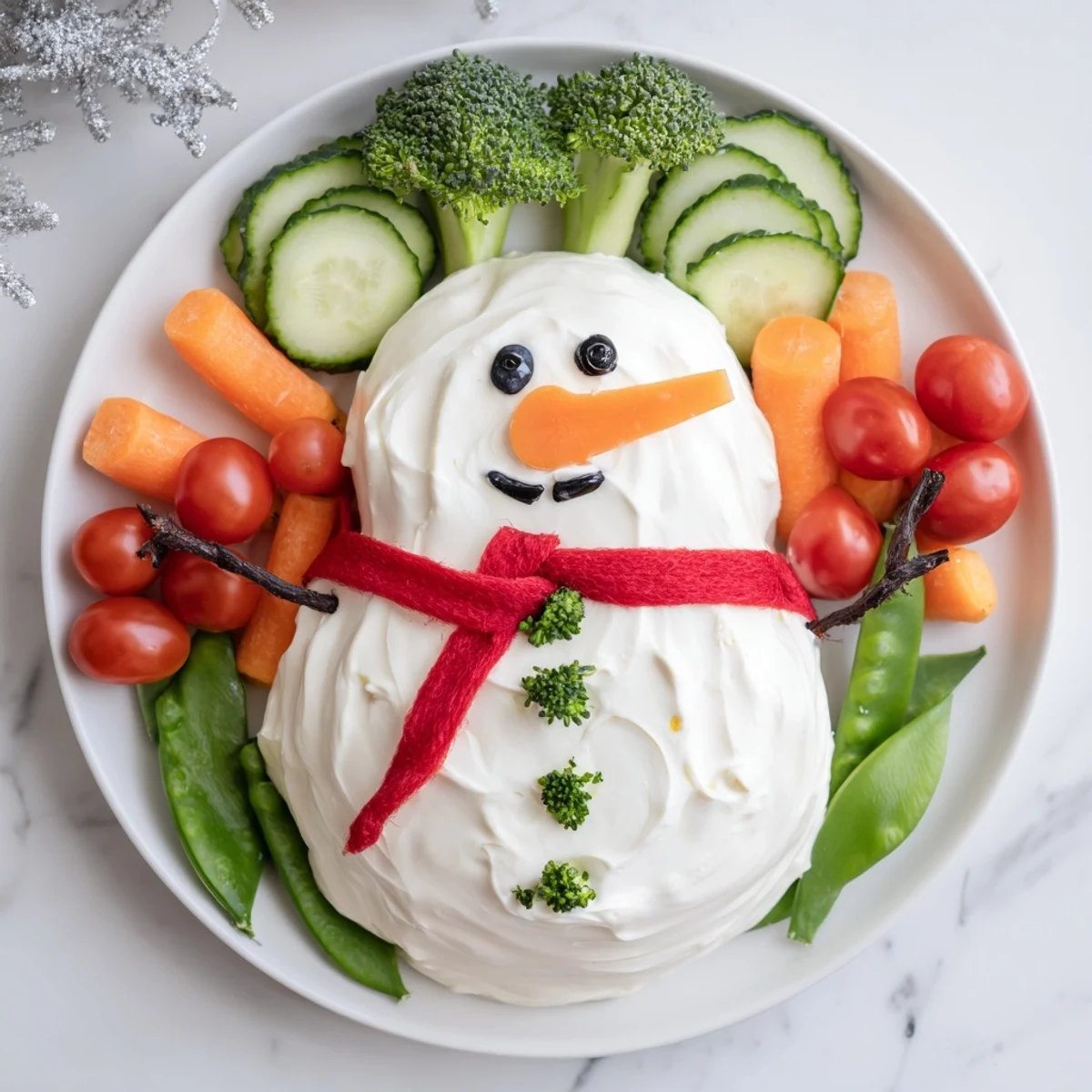 Delicious, creamy Snowman Veggie Dip Platter, perfect for a party, accented by colorful, crisp veggies.