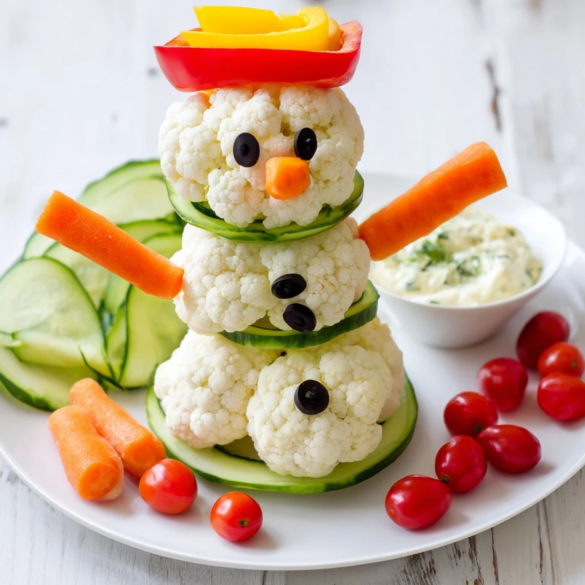 Fresh, colorful snowman crudités with creamy dip, a fun and healthy party appetizer.
