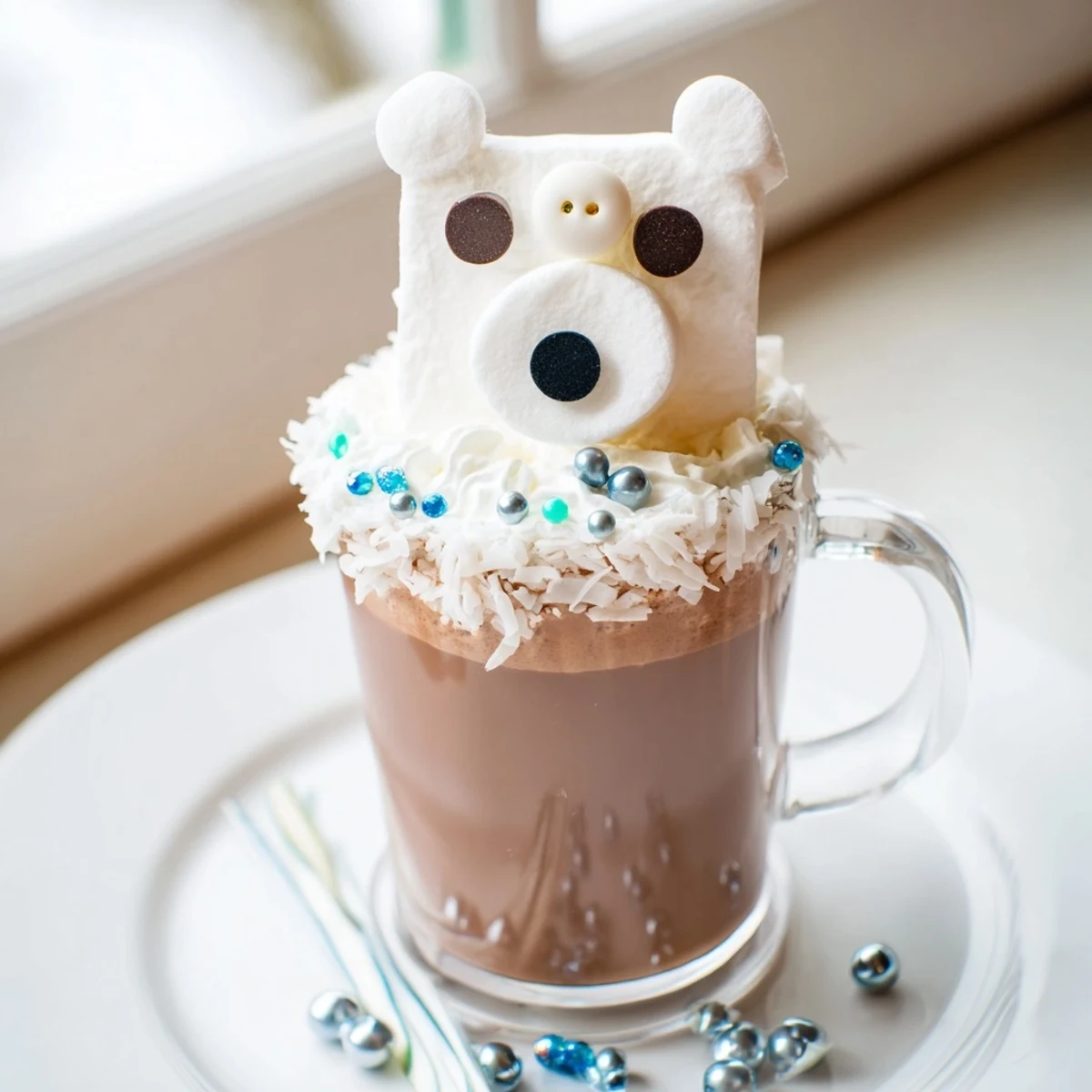 Steaming Polar Bear Hot Chocolate Platter, topped with whipped cream and polar bear marshmallows, looks delicious.