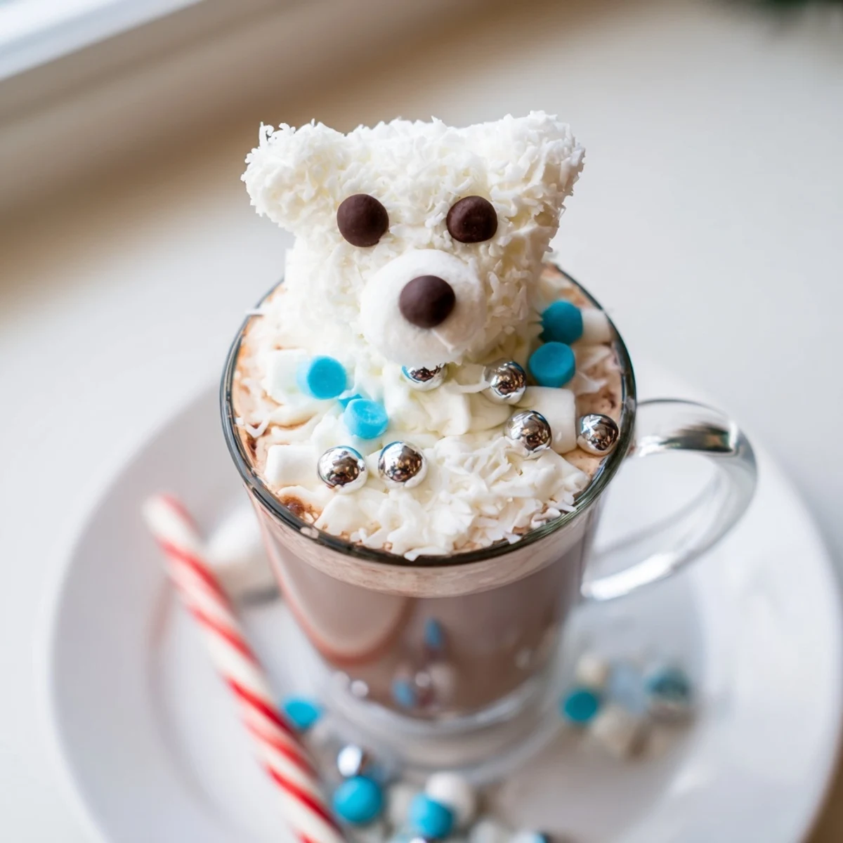 A frosty photo shows a vibrant Polar Bear Hot Chocolate Platter, perfect for a cozy winter dessert board.
