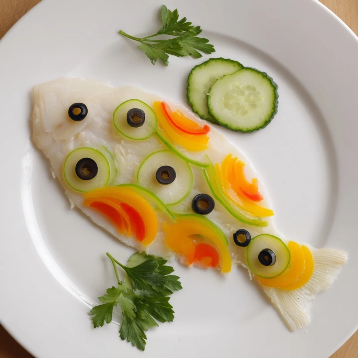 A colorful Light Fish-Shaped Meal, showcasing flaky white fish and playfully arranged vegetable scales.