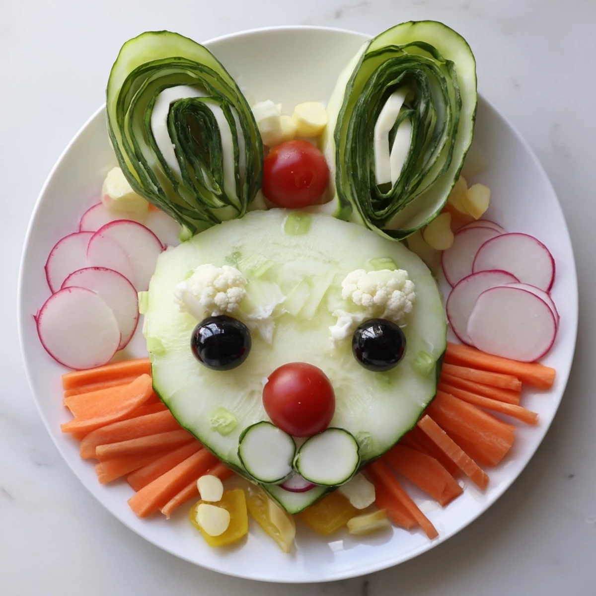 A delightful Easter Bunny Spring Platter arrangement: colorful vegetables surround creamy dips and crackers.