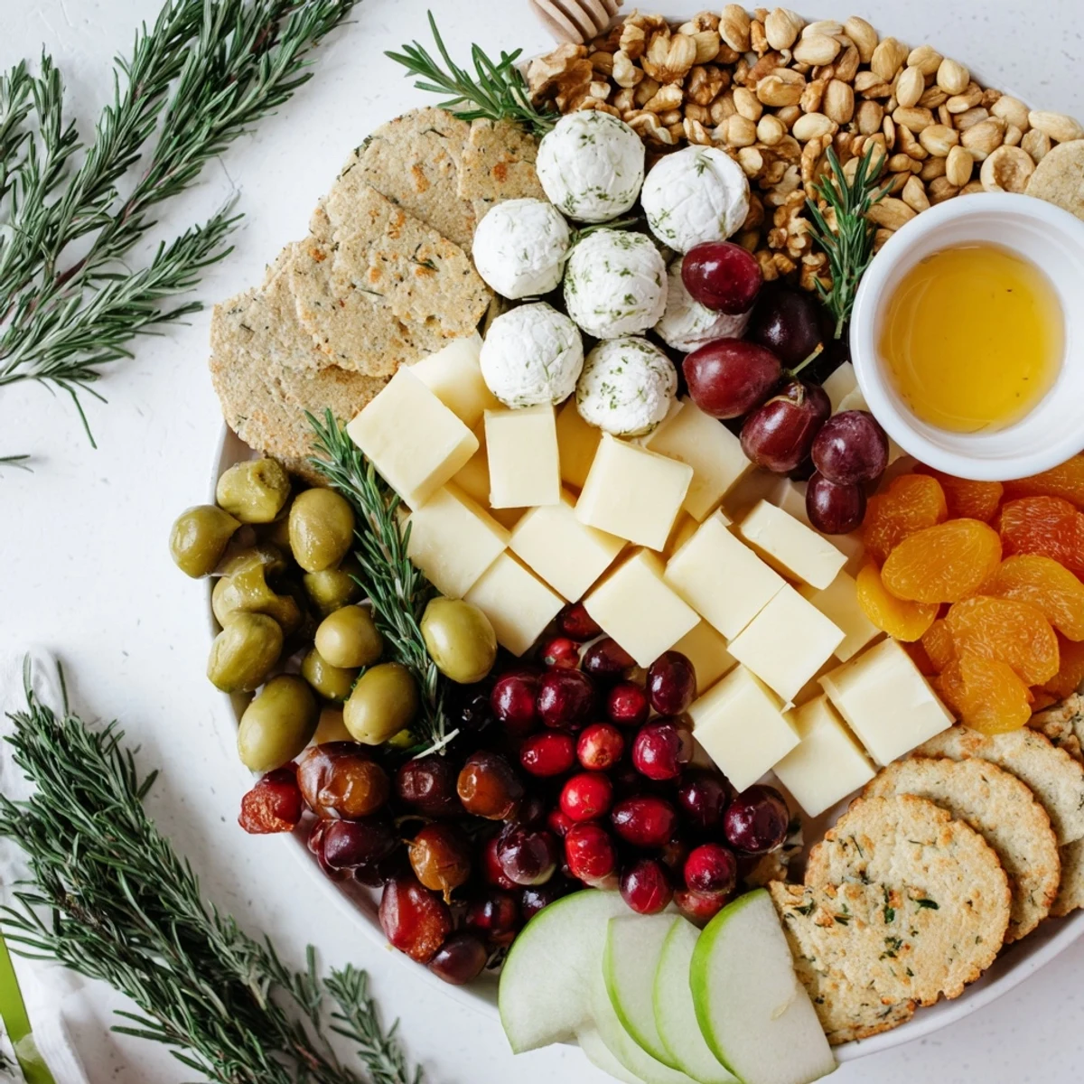 Cranberry Joy Tree Board arranged with colorful cheeses, fruits and rosemary sprigs for holiday cheer.