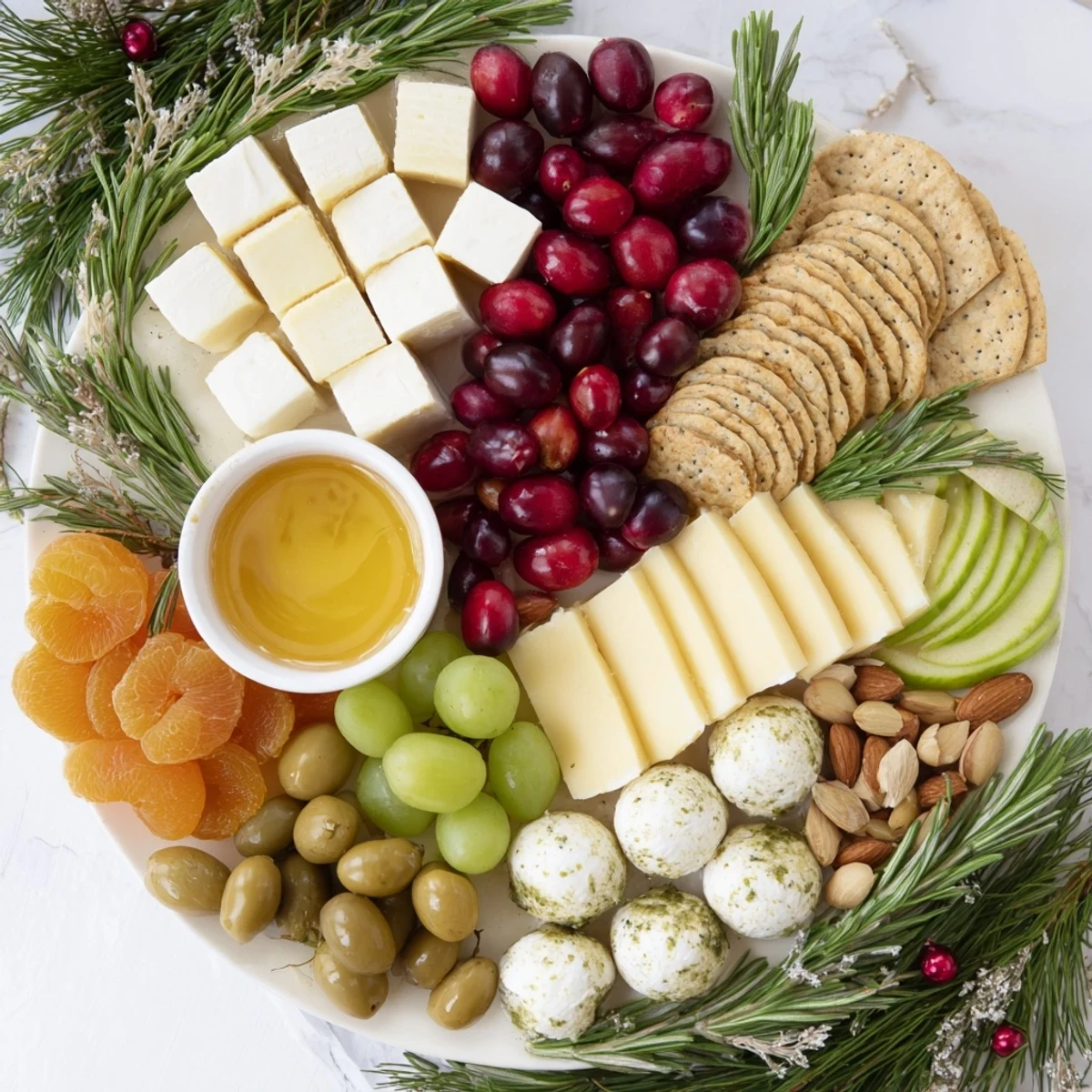 A beautiful holiday Cranberry Joy Tree Board bursting with fresh cranberries and assorted cheeses ready to eat.