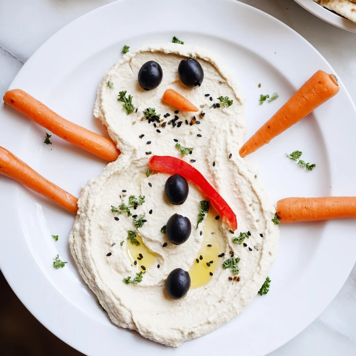 Festive melted snowman hummus platter with carrots and olives, perfect for holiday appetizers.