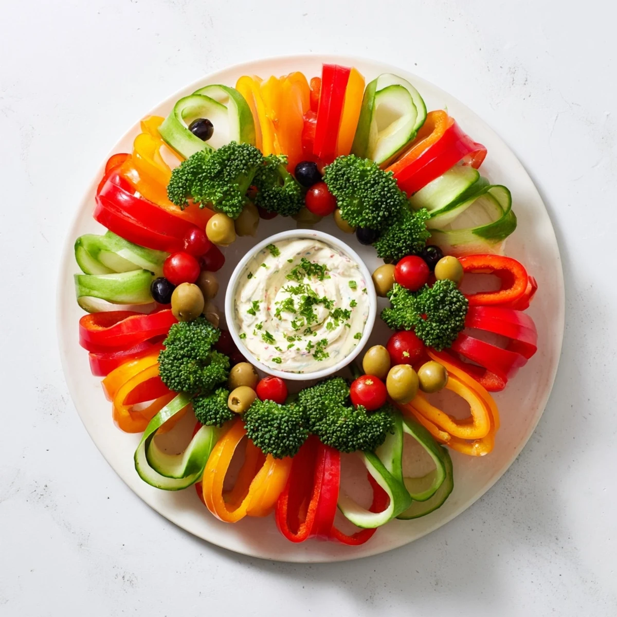 Vibrant holiday appetizer: a colorful festive bell pepper wreath overflowing with fresh veggie goodness.