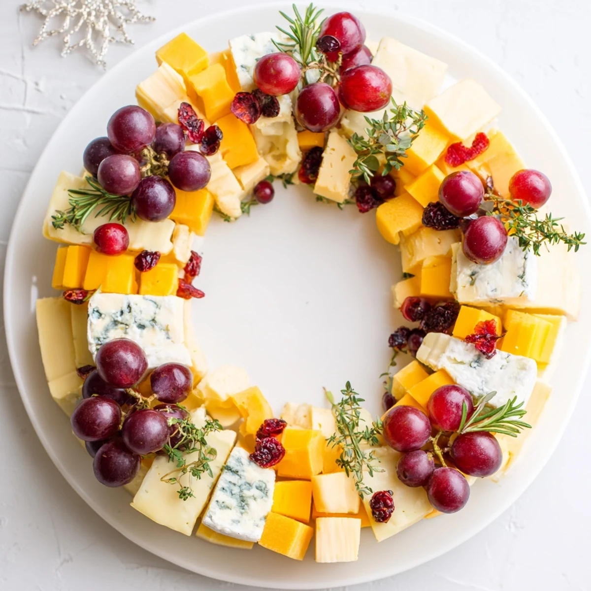 Holiday Wreath Cheese Ring featuring vibrant cheeses, grapes, and nuts, perfect for festive appetizer spreads.