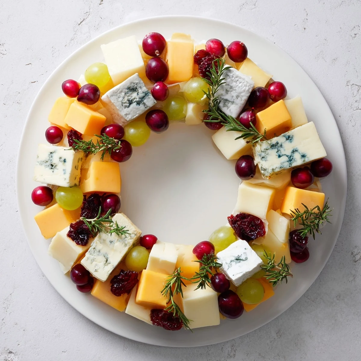 A colorful Holiday Wreath Cheese Ring, a delicious and easy appetizer with varied cheeses and seasonal garnishes.