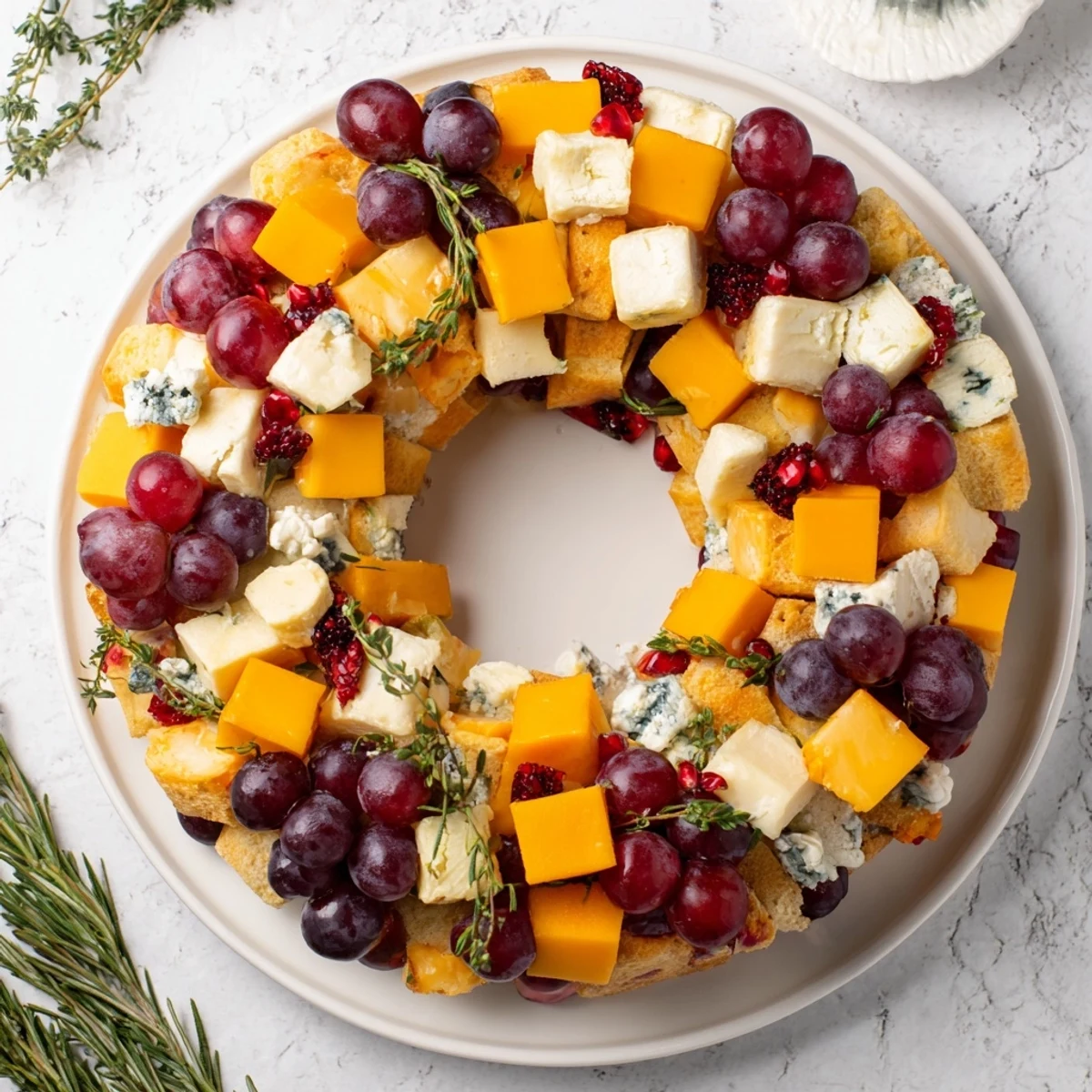 This beautiful Holiday Wreath Cheese Ring displays an array of cheeses garnished with fresh herbs and fruit.